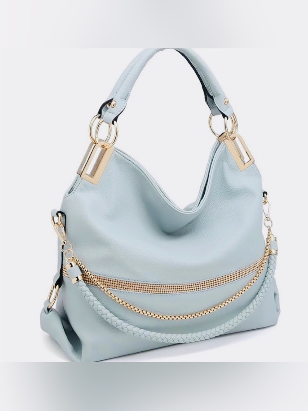 Pebbled Vegan Leather Soft Blue Shoulder Bag with Braided Trim - OS, NEW